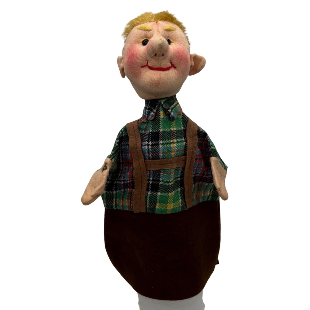 Vintage‎ Steiff Folk Art Hand Puppet German Man Plaid Shirt Brown Felt Toy